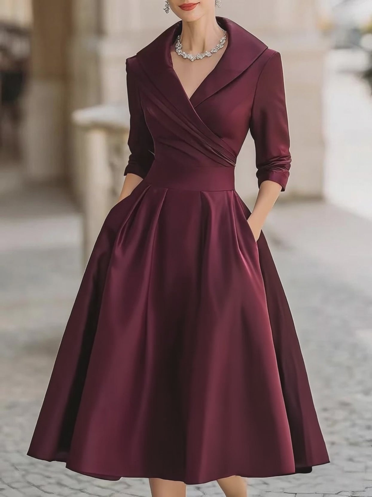 Elegant Black Satin Pleated V-neck A-line Midi Dress
