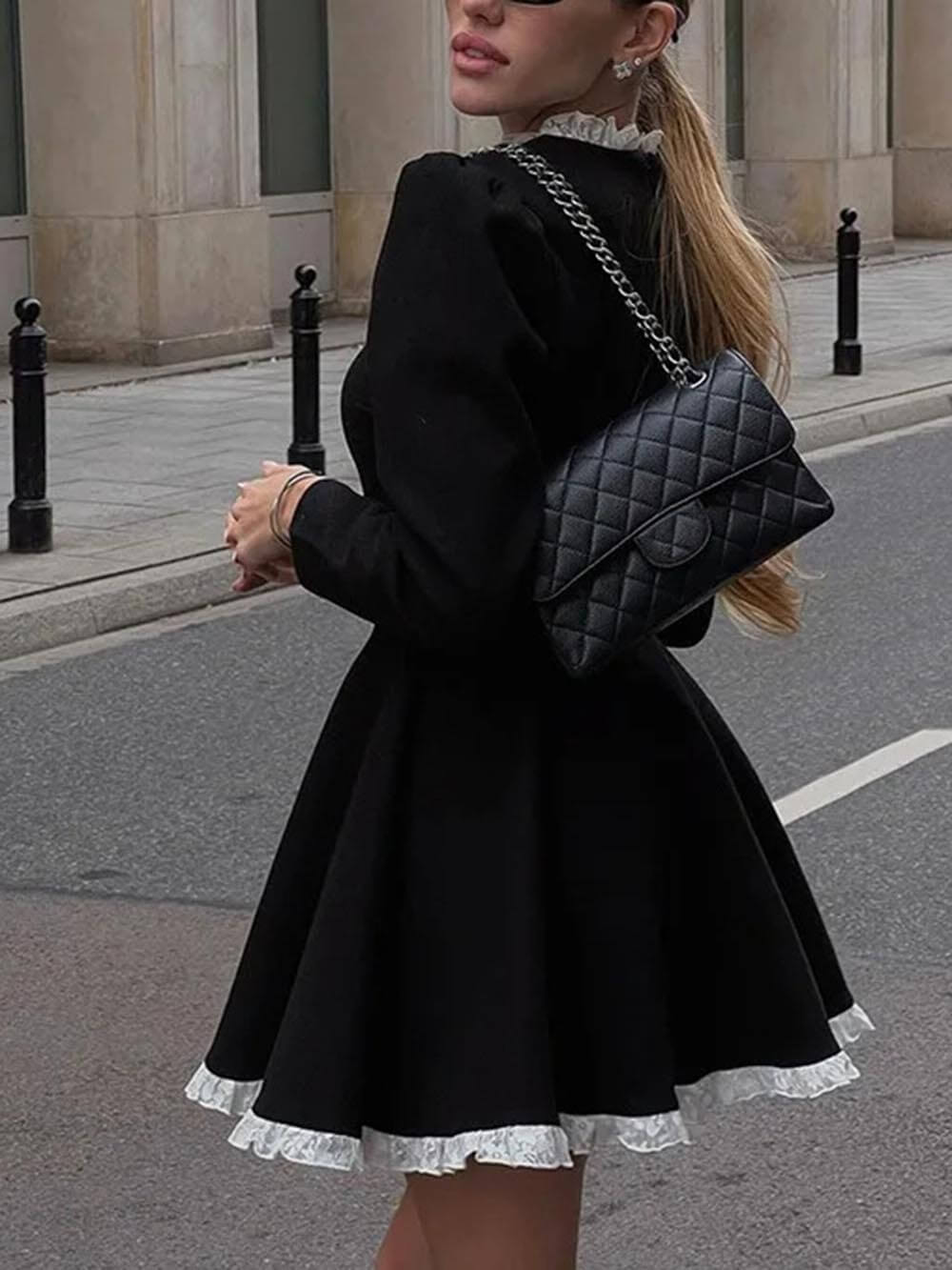 Elegant Lace Panel High Waist Long Sleeve Mini Dress
