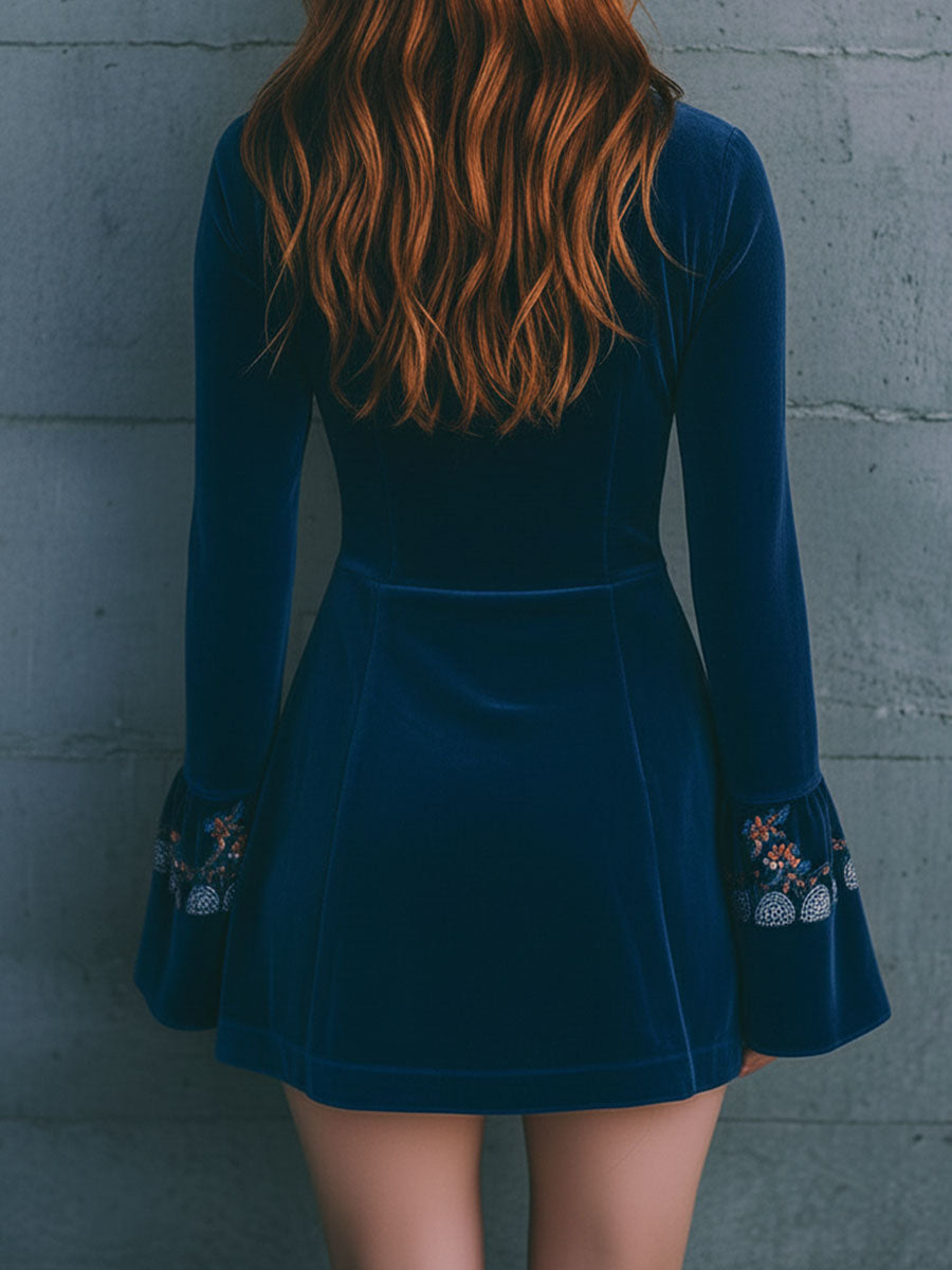 Boho Blue Velvet Zipper Front Lace Trim Embroidered Mini Dress