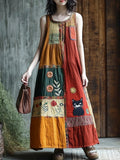 Boho Floral & Cat Patchwork Linen Vest Long Dress