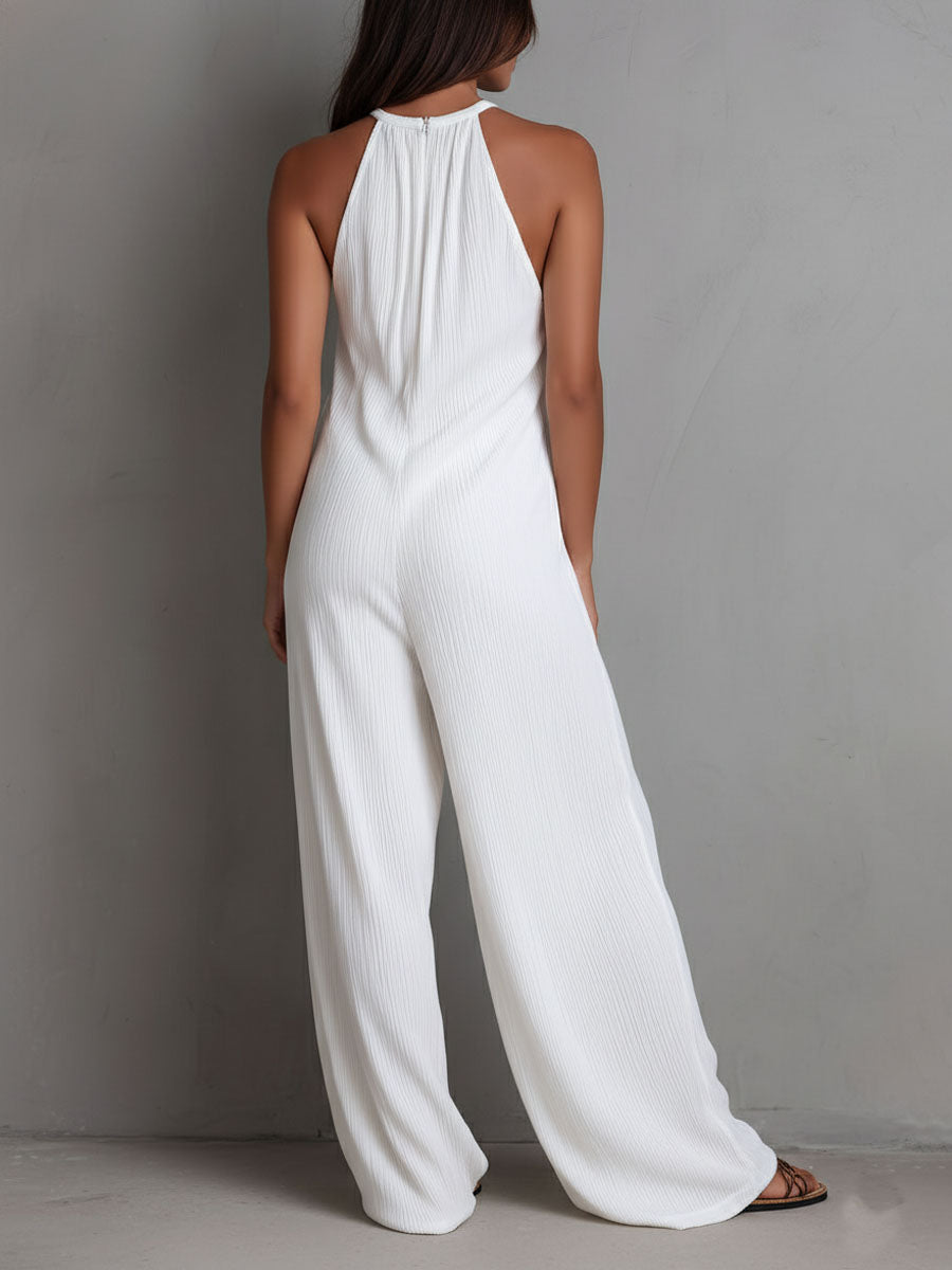 Resort White Pleated Halter Wide-Leg One-Piece Jumpsuit