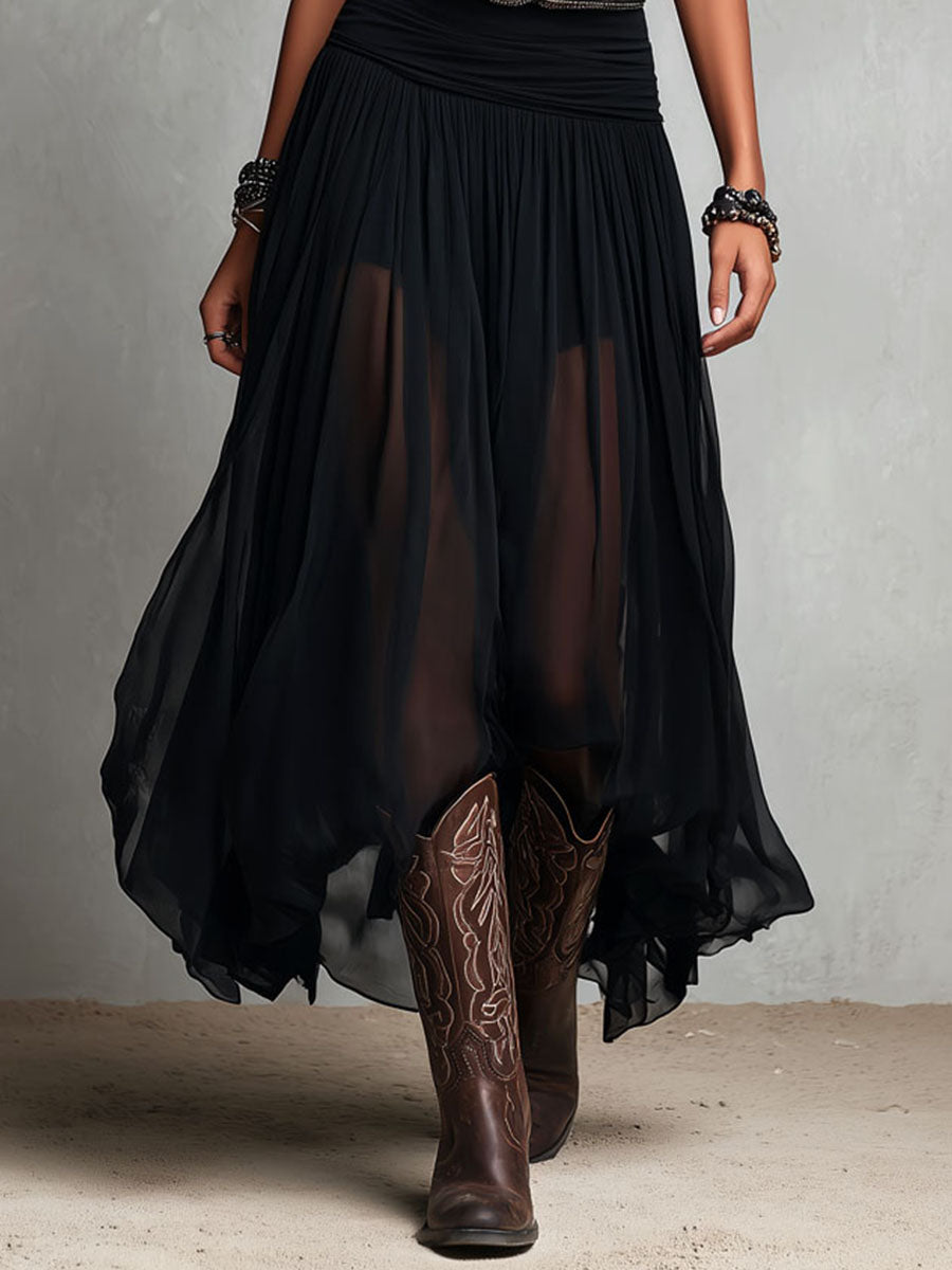 Boho Western Black  Stretchy Maxi  Dress With Sheer Skirt