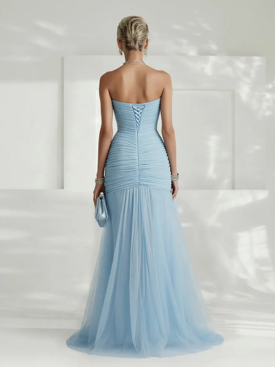 Elegant Strapless Pleated Tulle Maxi Dress