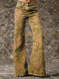 Womens Vintage Ethnic Yellow Floral Art Print Casual Slim  Wide Leg Pants