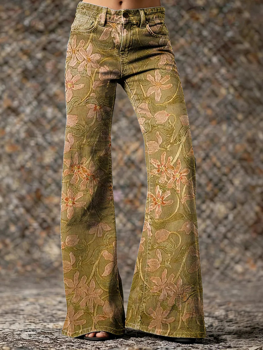 Womens Vintage Ethnic Yellow Floral Art Print Casual Slim  Wide Leg Pants