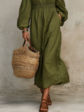 Boho Olive Green Cotton-Linen Off-Shoulder Maxi Dress