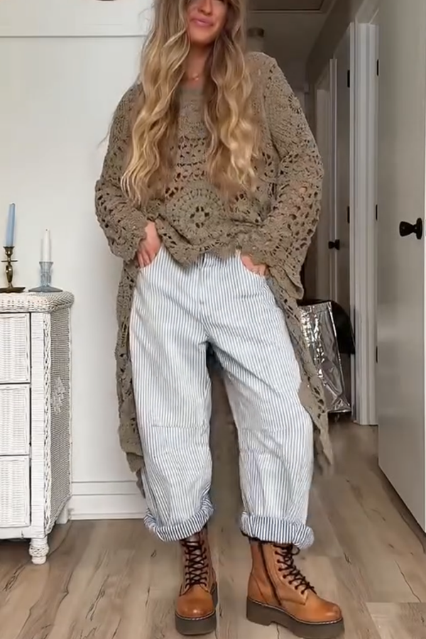 Boho Style Crochet Long Sleeve High Low A-line Maxi Top