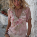 Boho Glitter Pink Roses Lace Flowy Linen Tunic
