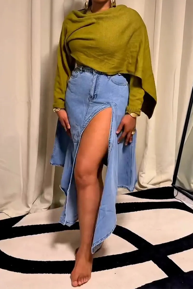 Women Slit Casual Irregular Denim Half Skirt