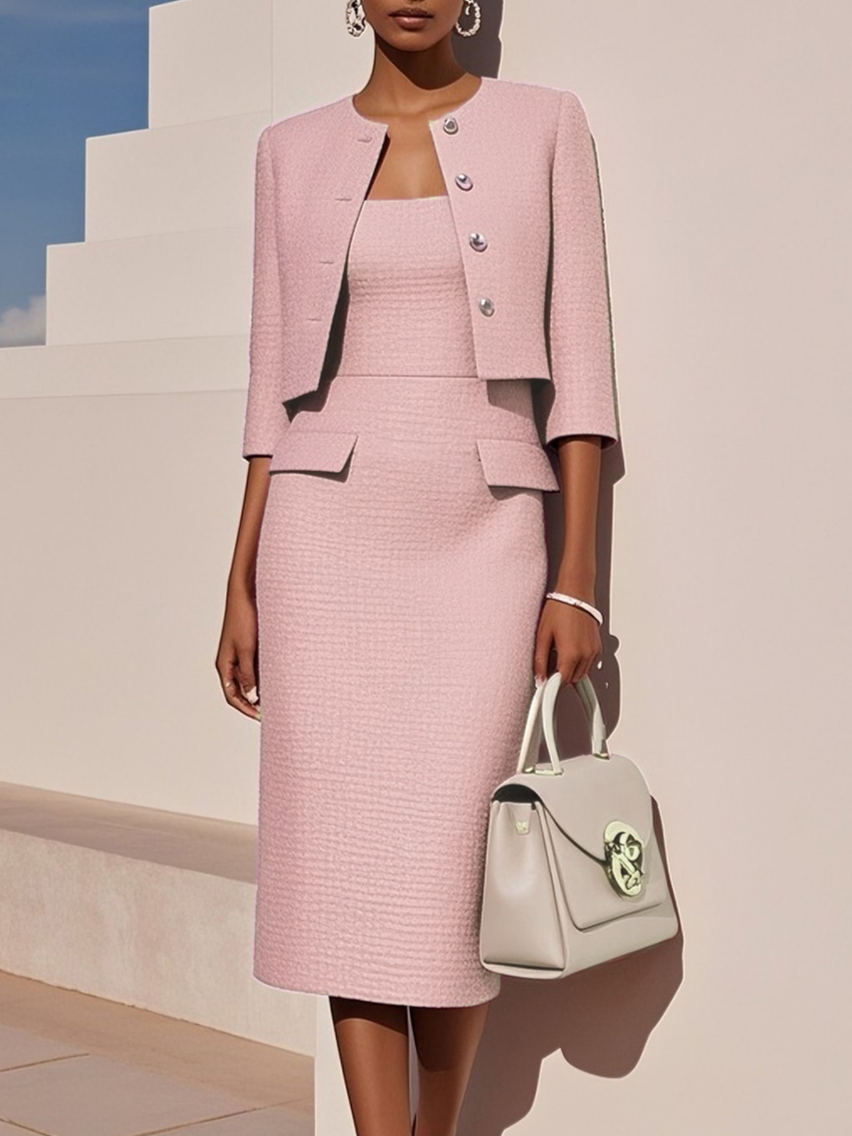 Women Tweed Pink Buckle Crew Neck Half Sleeve Dressy Coat With Dress Two-Piece Dress