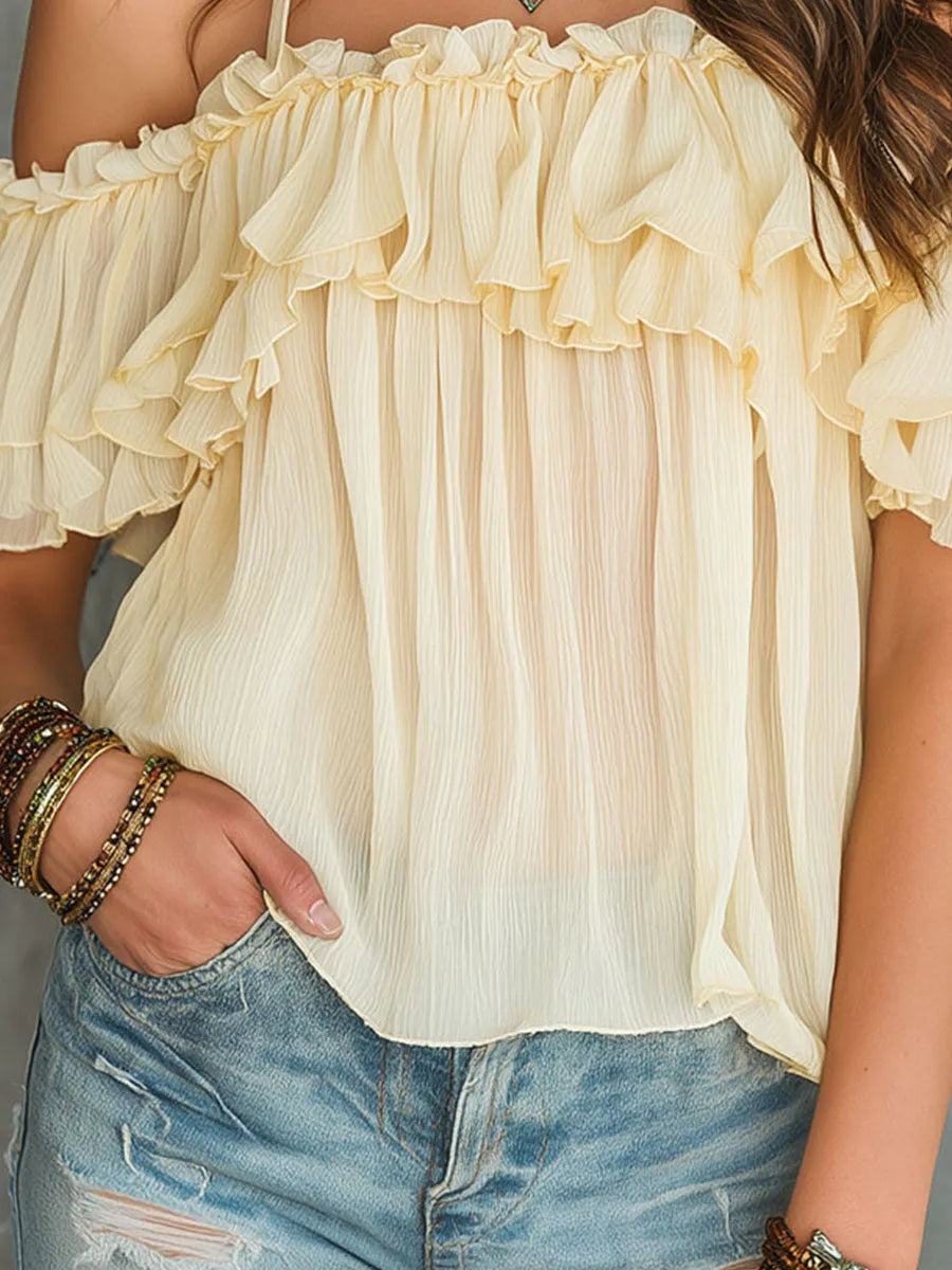 Boho Soft Yellow Cold-Shoulder Ruffled Chiffon Blouse
