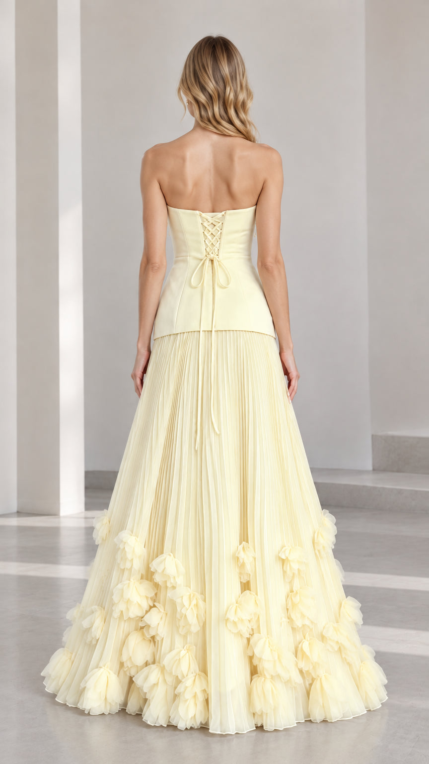 Strapless Corset Pleated Maxi Evening Gown with 3D Floral Hem