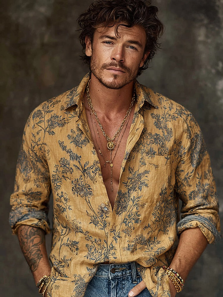 Men's Retro Bohemian Floral Print Casual Linen Shirt
