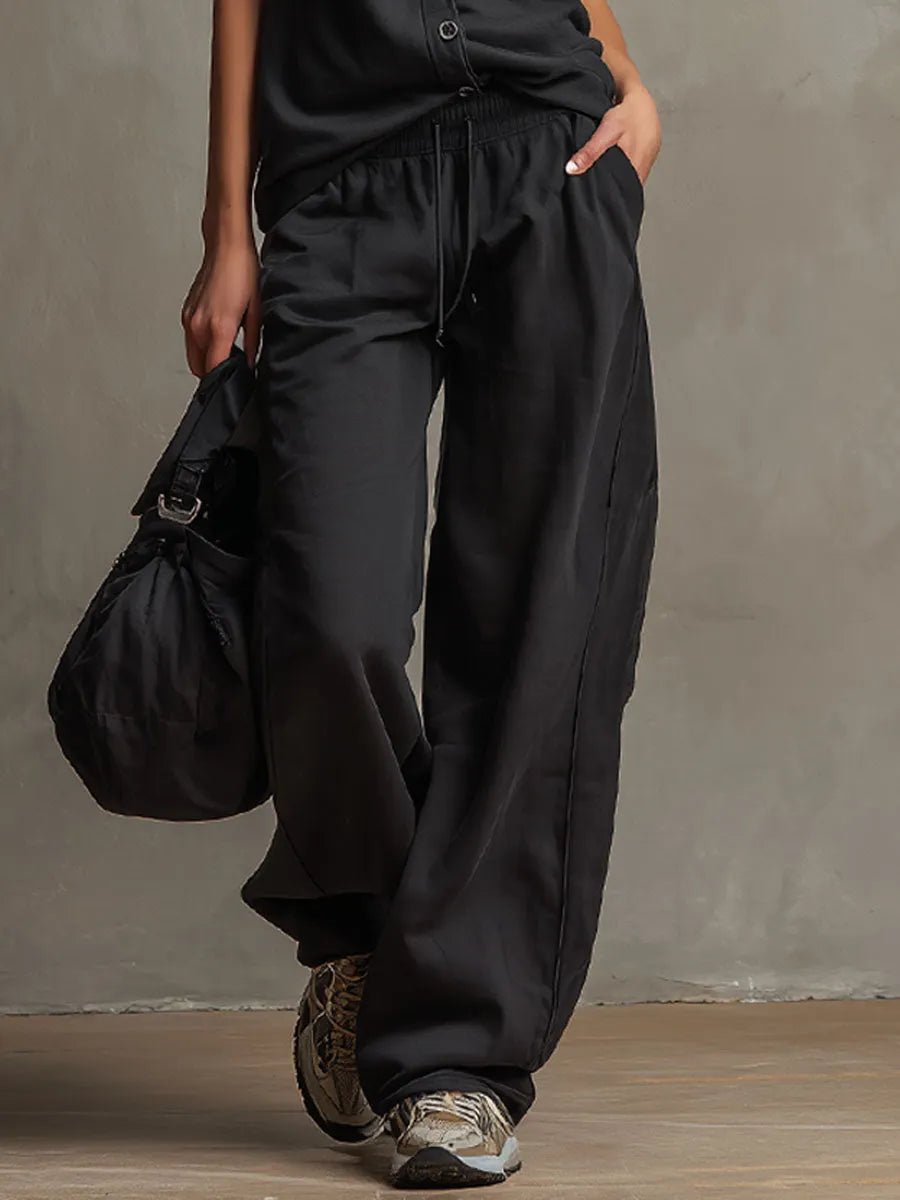 Black Collared Button-down Sleeveless Top And Trousers Set