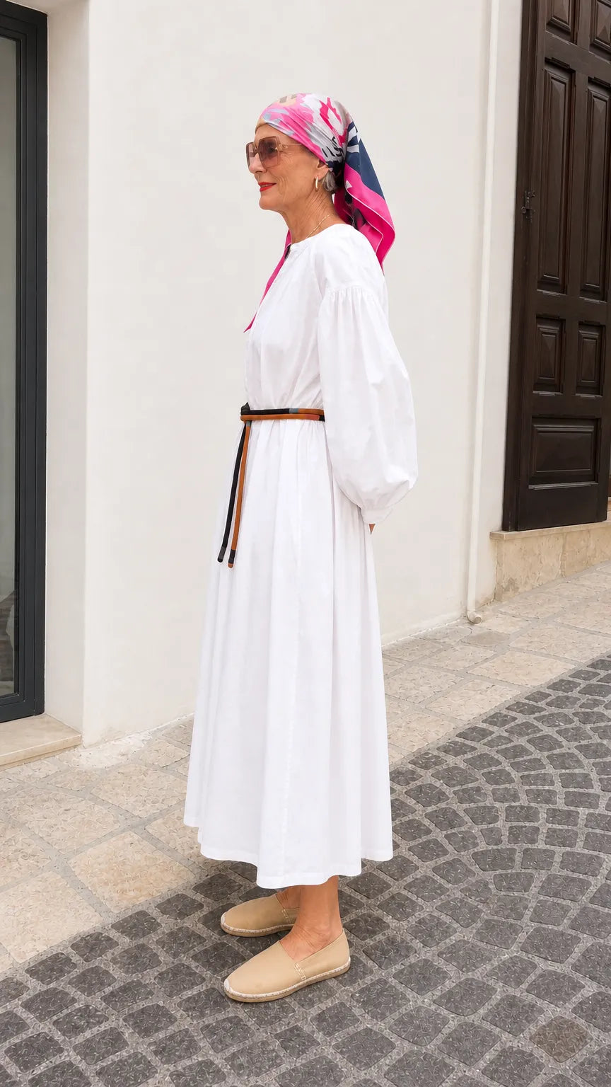 Women's Balloon Sleeve Gathered Maxi Shirt Dress with Waist Tie