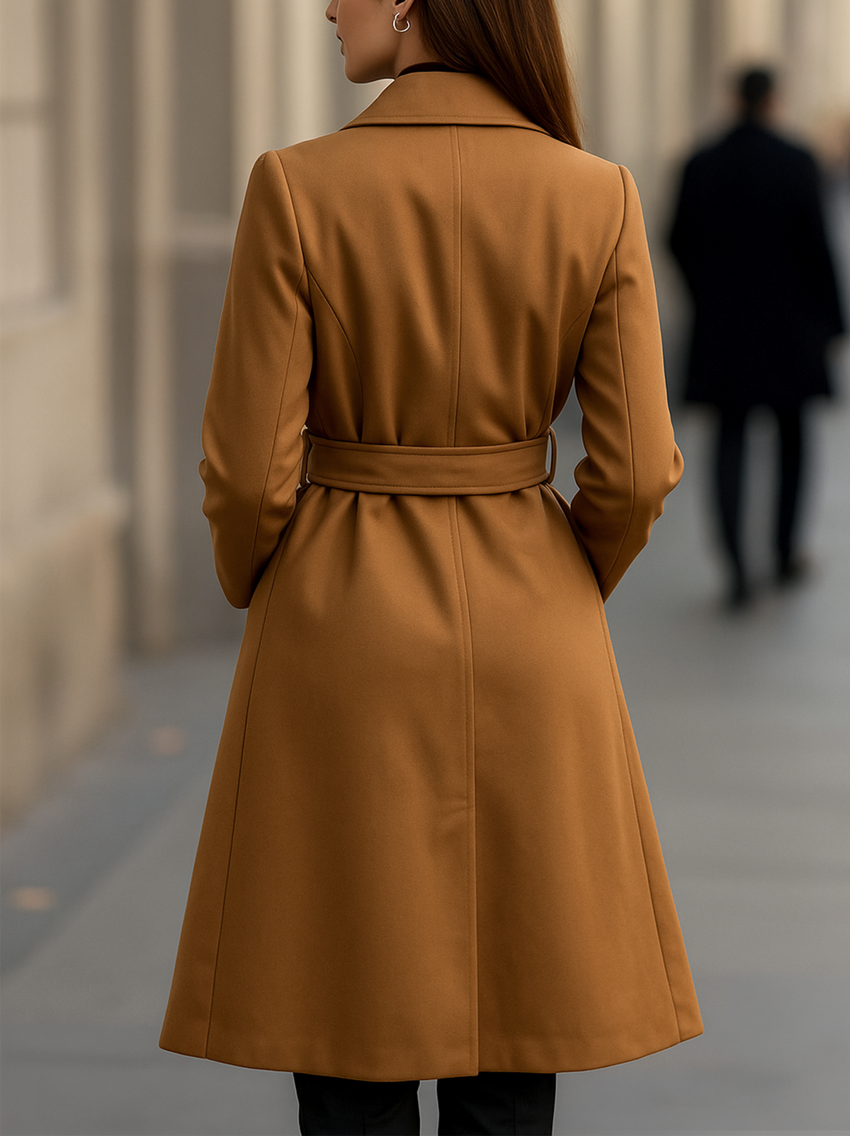 Classic Camel Wool Trench Coat with Belted Silhouette