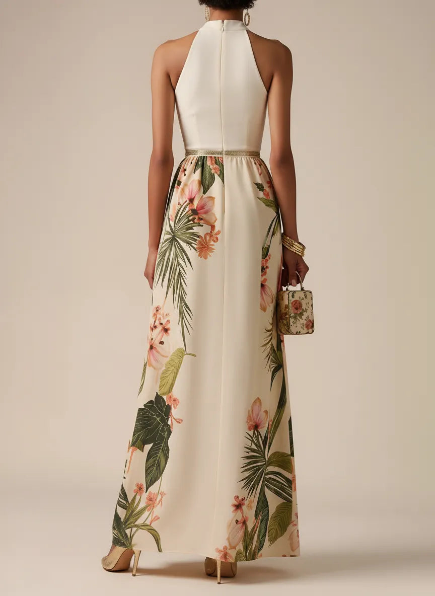 Beige Bow Satin Halter Floral Sleeveless A-Line Maxi Dress