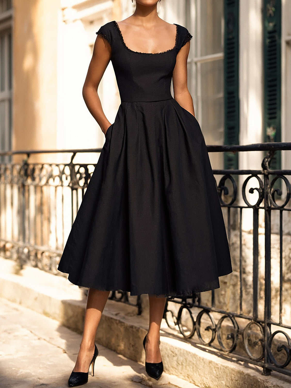 Midi Linen Dress, Sleeveless, Lace Collar, Plain, Lace, French Vintage, Black
