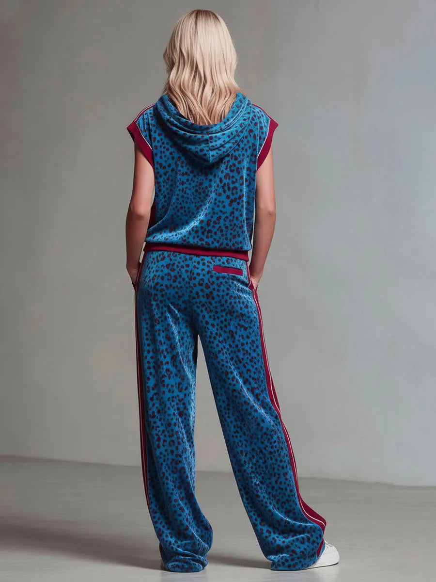 Leopard Print Hooded Sleeveless Top And Velvet Trousers Set