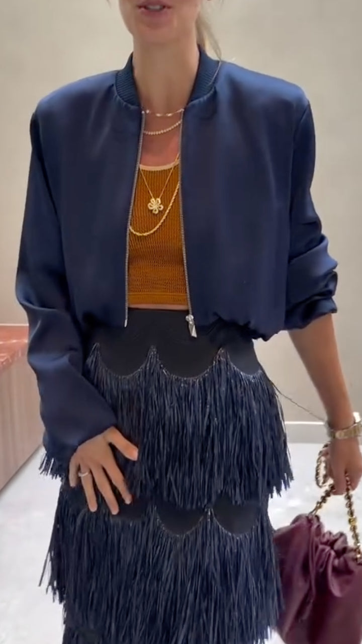 Women's Satin Baseball Jacket + Multi-Layered Fringed Midi Skirt Set