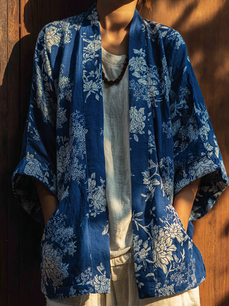 Vintage Japanese Traditional Sashiko With Floral Art Print Cotton And Linen Blend Kimono Cardigan