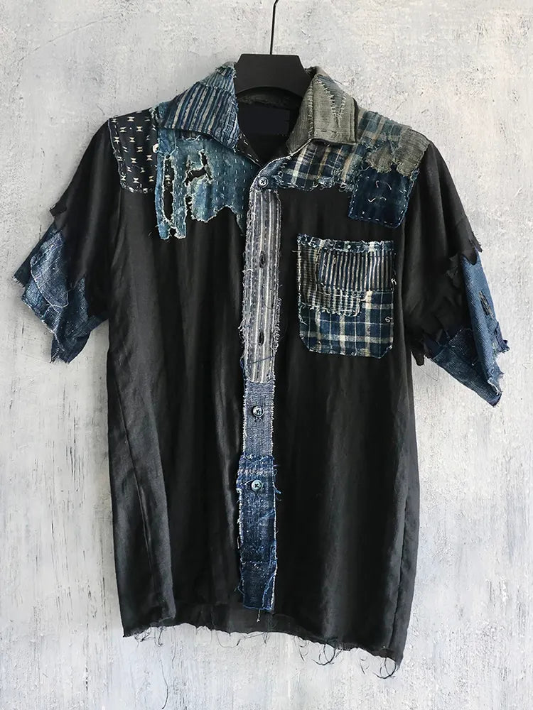 Retro Japanese Sashiko Patchwork Art Short-sleeved Shirt