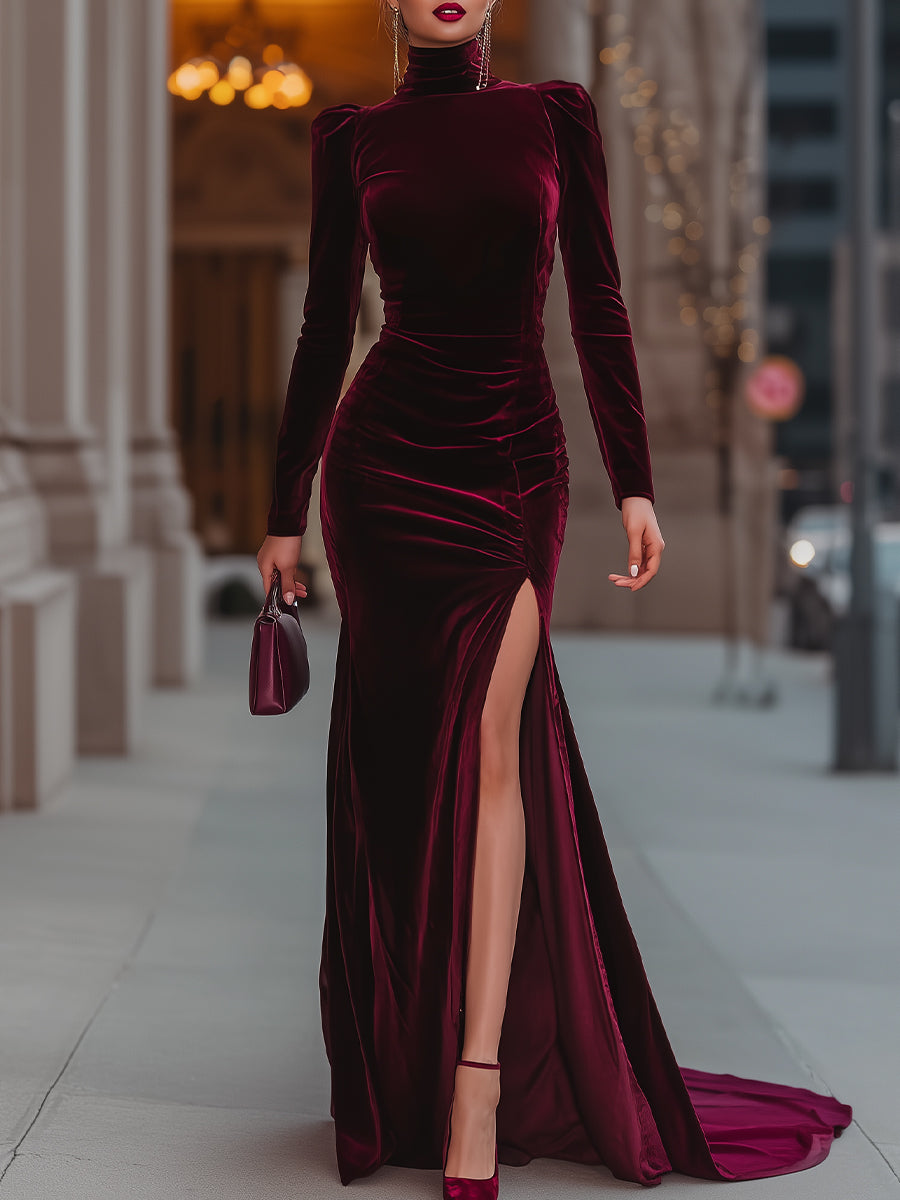 Burgundy Velvet High-Neck Gown With Thigh-High Slit