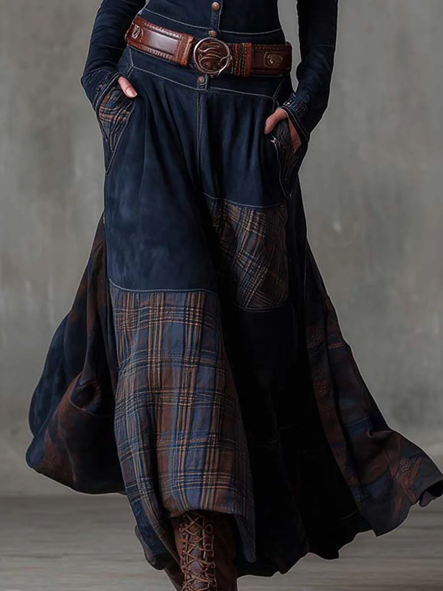 Navy Plaid Paneled Vintage Suede Maxi Dress(with belt)