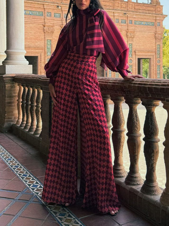 Elegant Striped High-Neck Lantern Sleeve Blouse