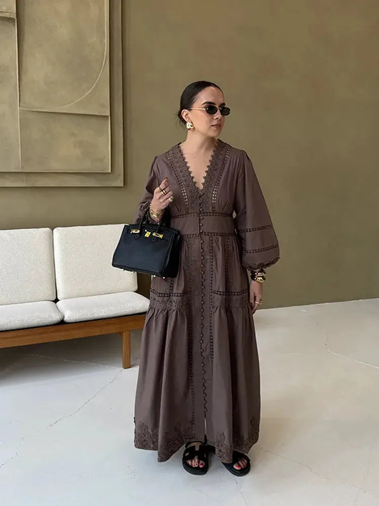 Marvella Embroidered V-Neck Maxi Dress – Boho Long Sleeve Tiered Button Dress