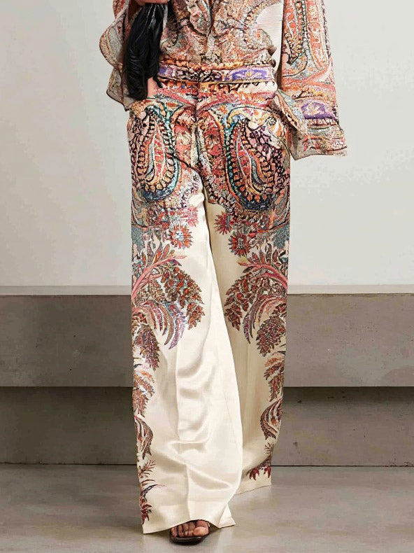 Exquisite Vintage Paisley Print Wide-leg Pants