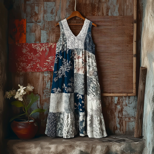 Japanese Art Retro Style Geometric Patchwork Design Lace Patch Women's Cotton And Linen Dress