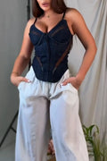 Women's Fashion Mesh Panel Denim Vest
