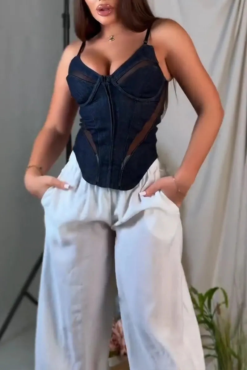 Women's Fashion Mesh Panel Denim Vest