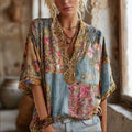 Three-dimensional Embroidery Rare Item Flower Vintage Tie-dye V-neck Short-sleeved Shirt