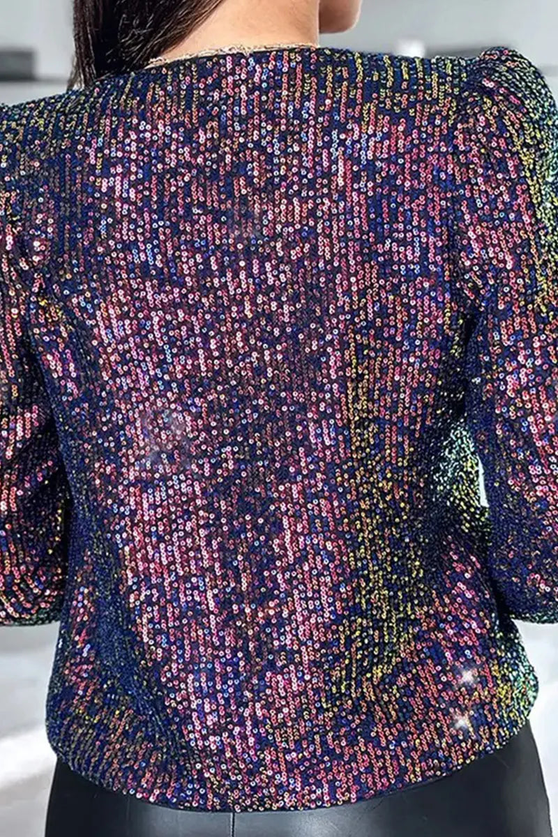 Chic Leopard Print Sequin Covered Long-Sleeve Jacket