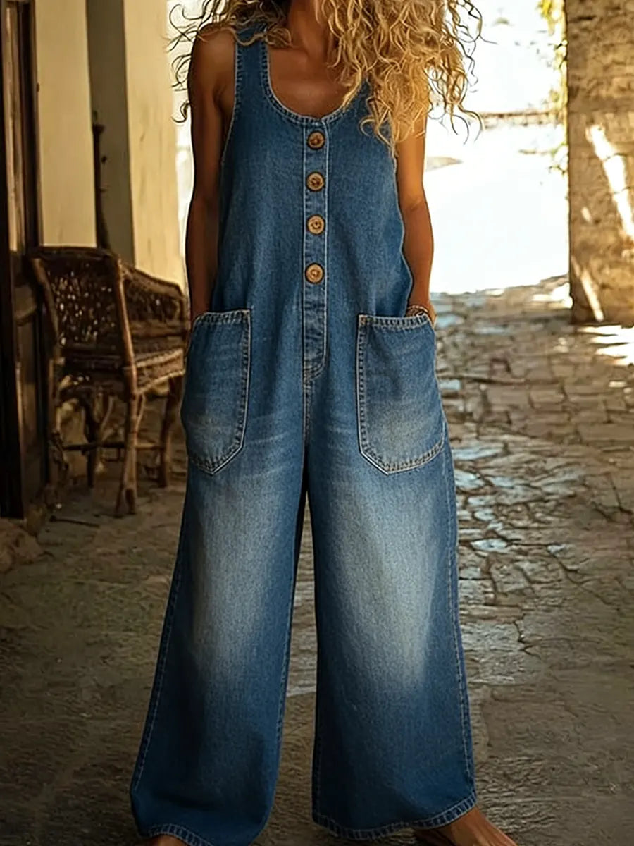 Women's Casual Cotton Vest And Denim Jumpsuit