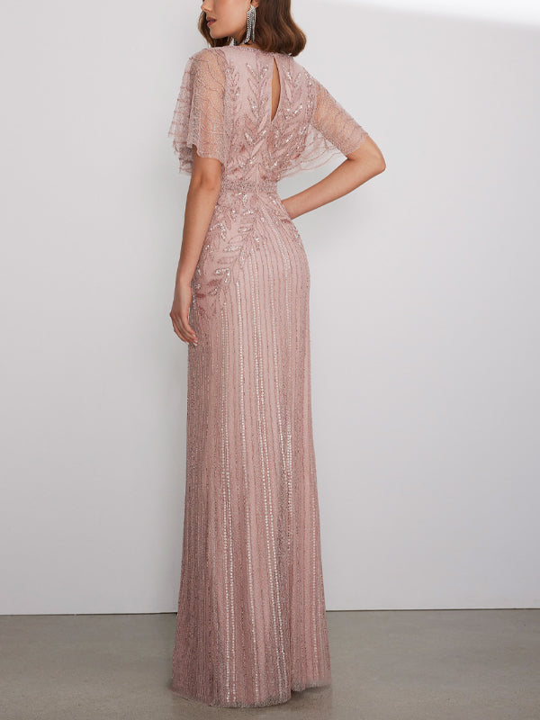 V-Neck Solid Color Lace Sequins Maxi Dress