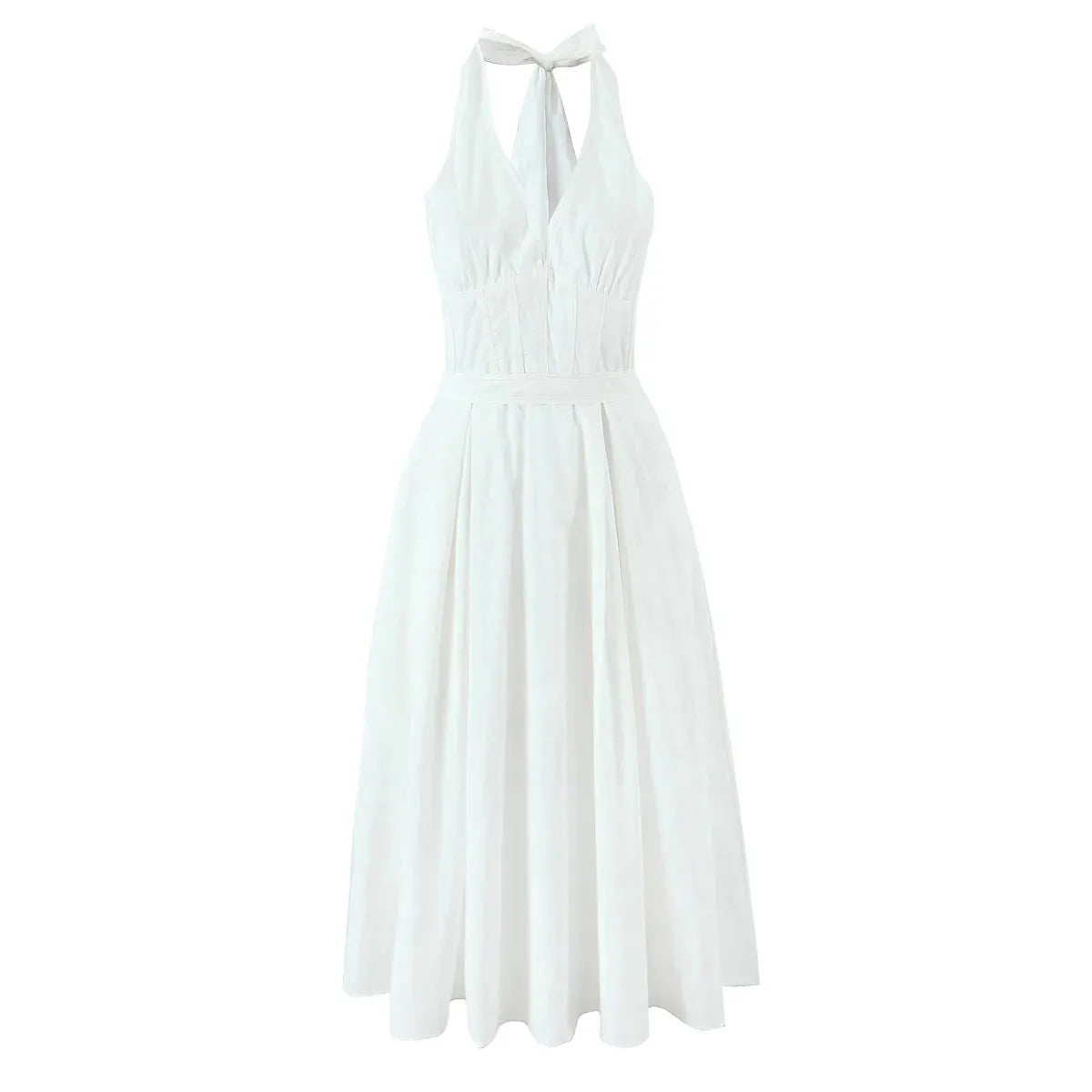 Evelisse Halterneck Corset Midi Dress – Summer Wedding Guest and Holiday Midi Dress in White or Yellow Floral Print