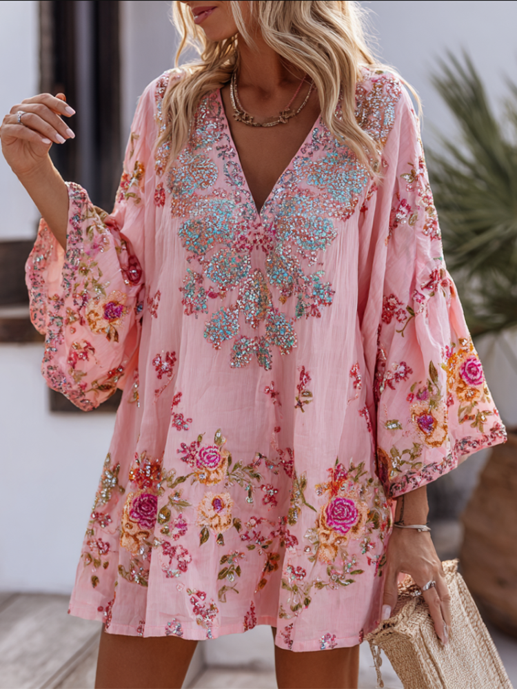 Bohemian Style Rose Pattern Design With Sparkles V-neck Woman's Dress