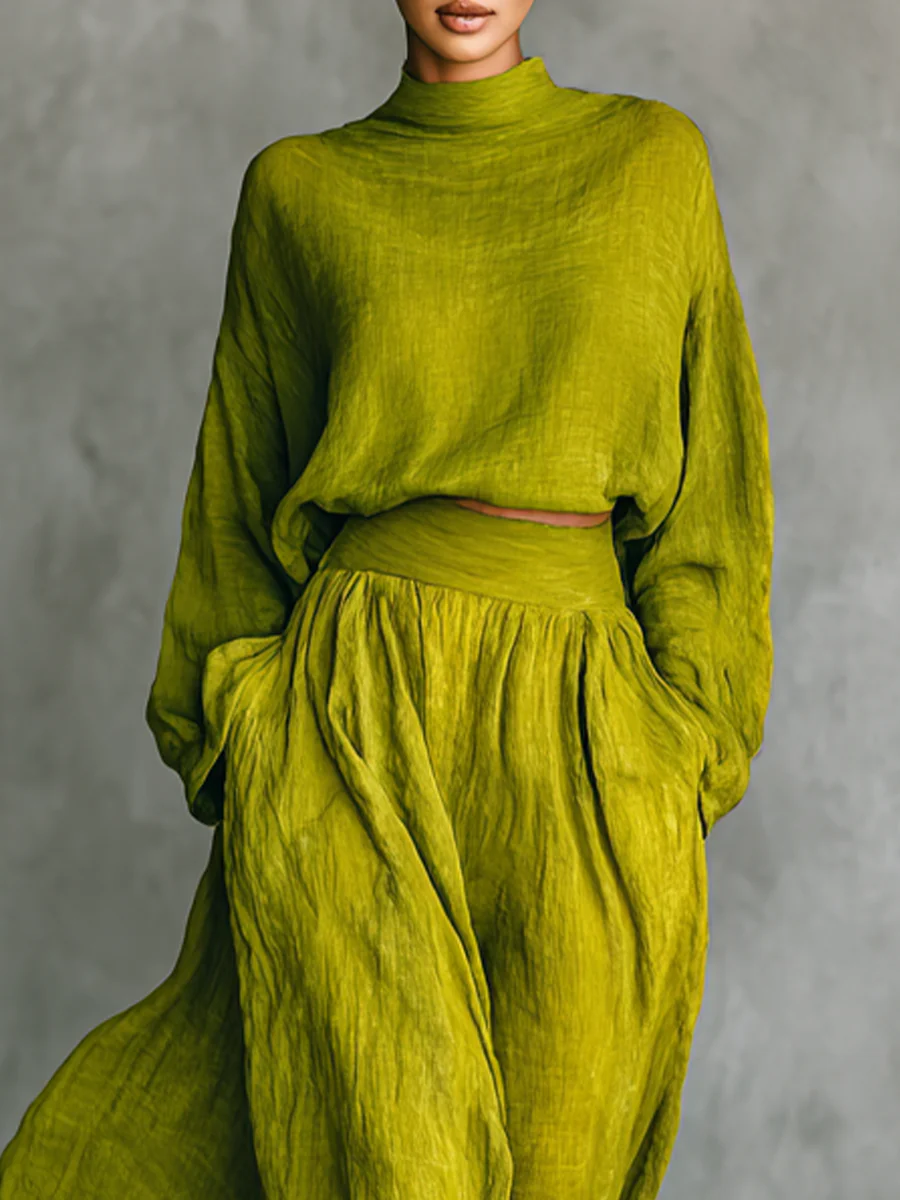 Green Turtleneck Top And High-waisted Skirt Set