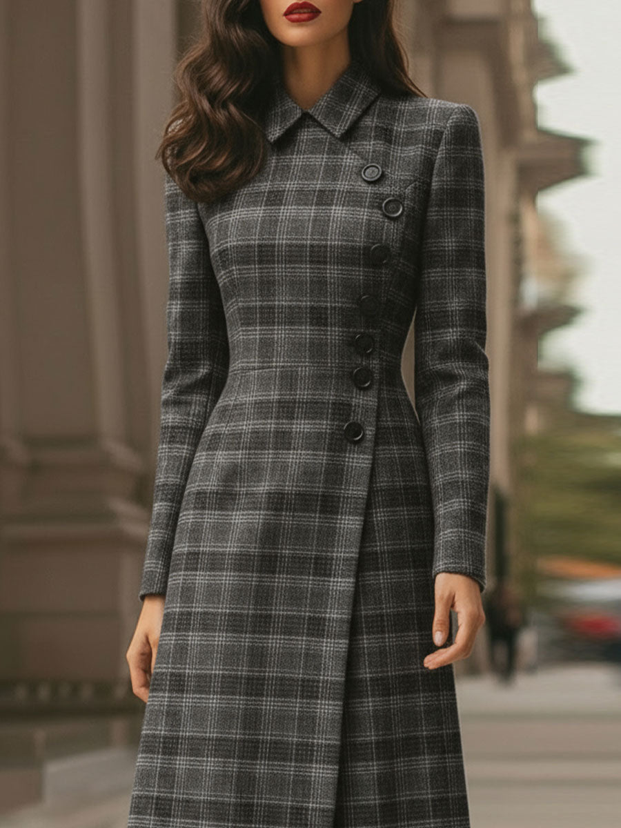 Elegant Plaid Asymmetric Button - Front Midi Dress
