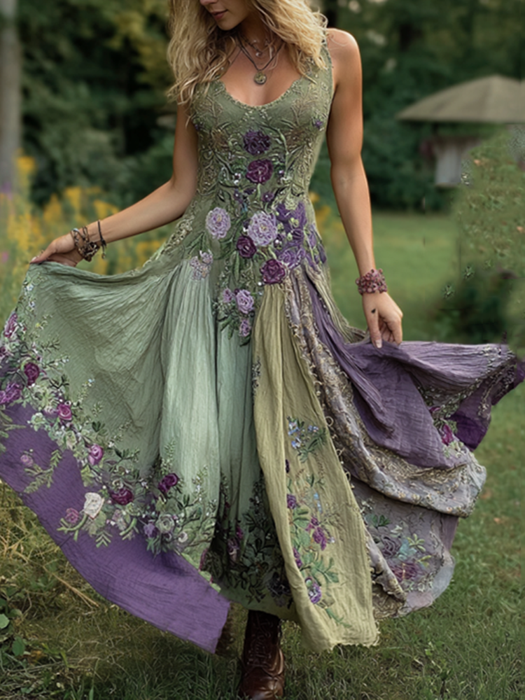 Classy Gradient Purple Lavender And Floral Embroidered Linen Maxi Dress