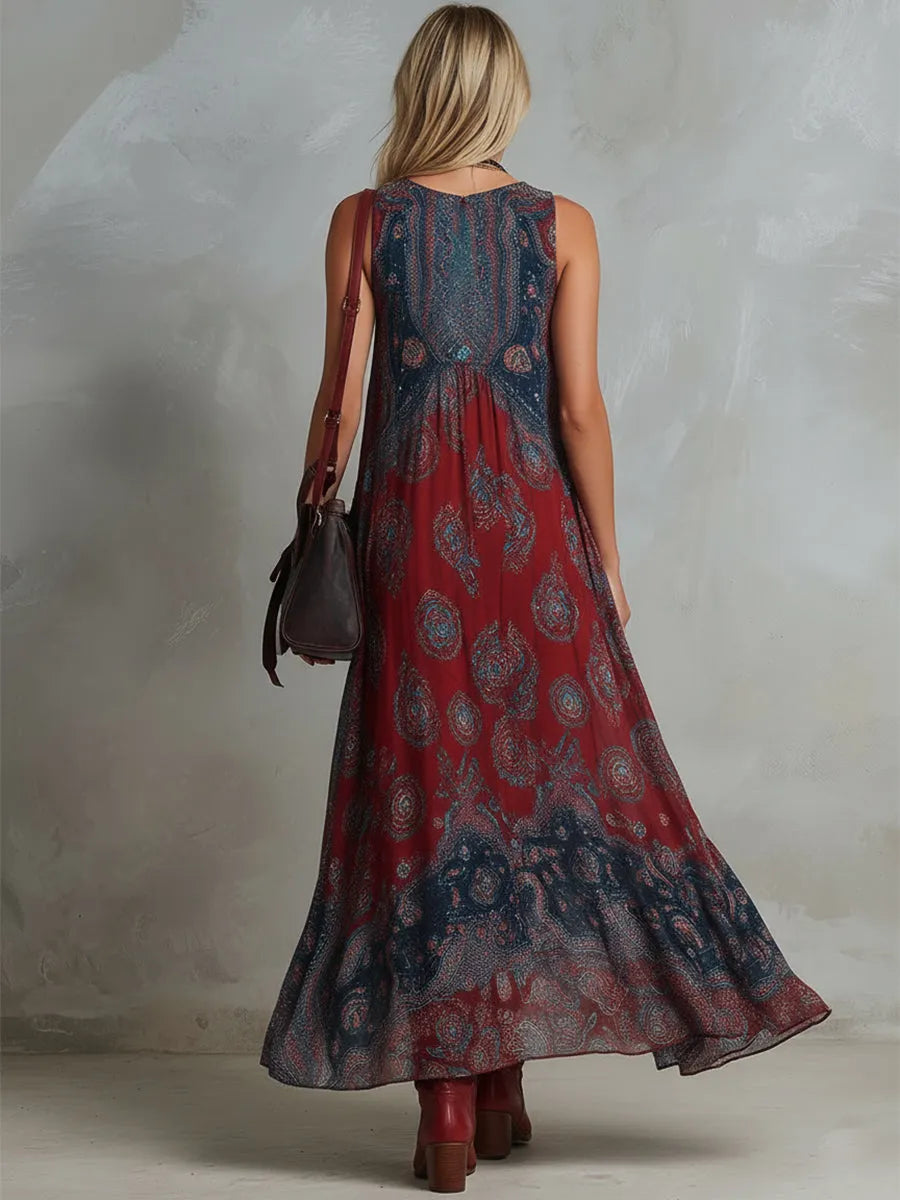 Retro Ethnic Bohemian Print Chiffon Sleeveless Maxi Dress
