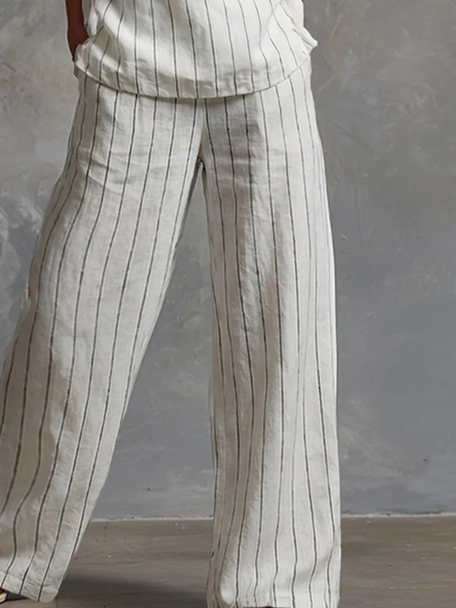 Classic Striped White Cotton Sleeveless Top And Wide-leg Pants Set