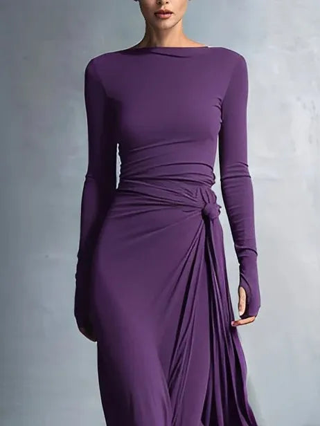 Purple elegant stretch blend fabric knotted long wrap dress