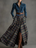Retro Ethnic Style Belt Blue Faux Suede Plaid Maxi Dress