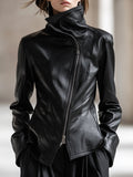 Personality And Fashion High Collar Oblique Zipper Black PU Jacket
