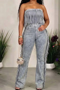 Women's Denim Jumpsuit with Tube Top, Fringe Trim & All-Over Rhinestones