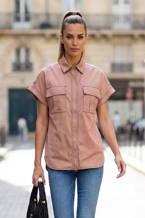Stitch Detail Front Zip Up Blouse